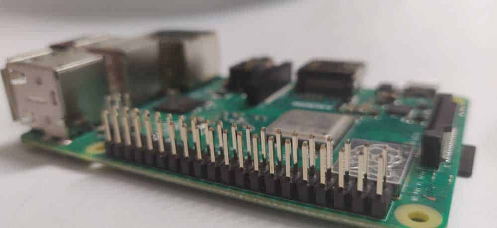 Close-up image of a Raspberry Pi 3B+ with GPIO header.
